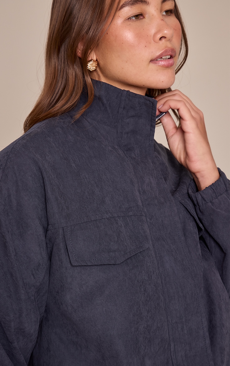 Navy Peach Skin Zip Up High Neck Jacket image 4