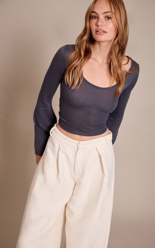 Charcoal Textured Jersey Scoop Neck Flared Long Sleeve Top 