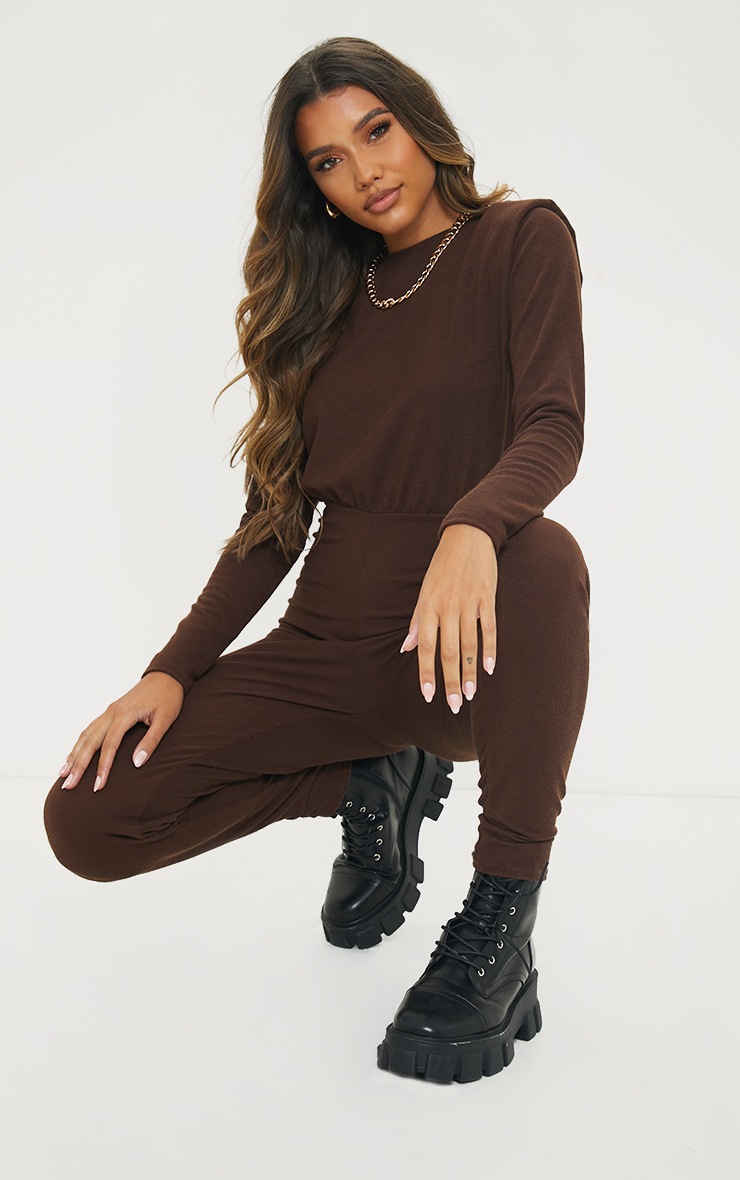Chocolate Rib Long Sleeve Shoulder Pad Jumpsuit
