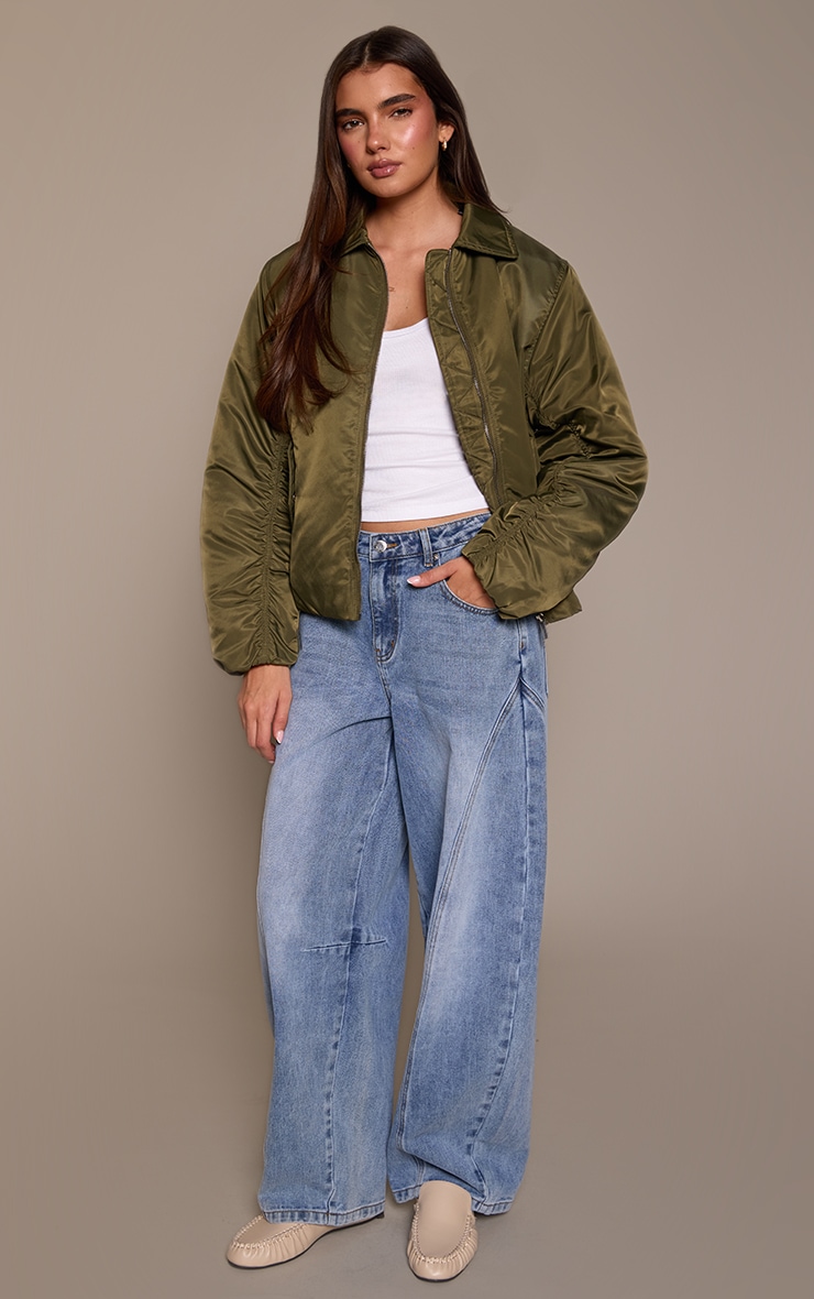 Olive Oversized Cocoon Sleeve Bomber Jacket image 3