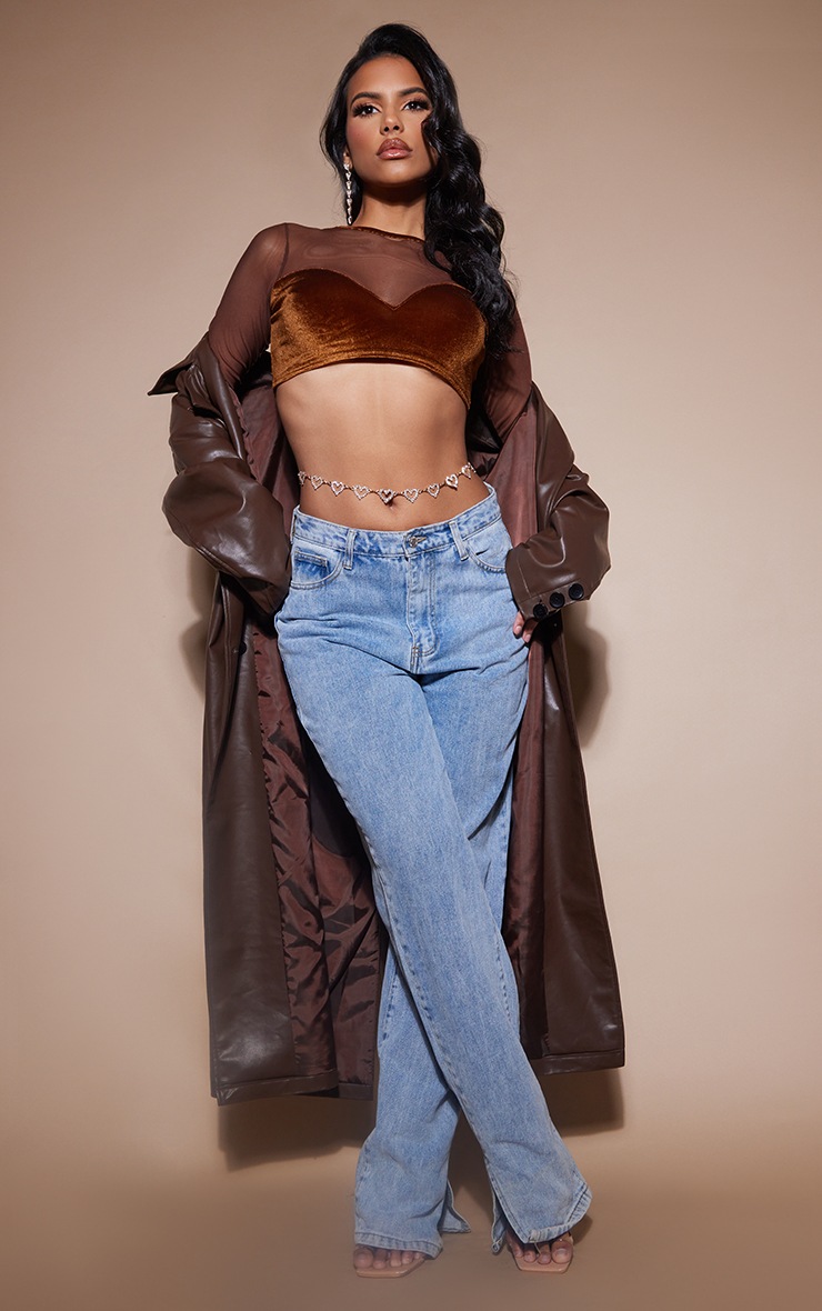 Chocolate Velvet Mesh Sweetheart Neck Long Sleeve Crop Top