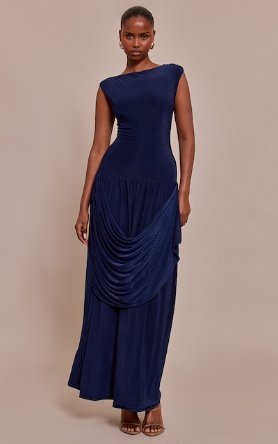 Navy Slinky Drape Maxi Dress