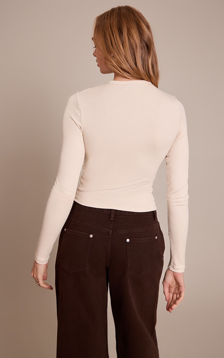 Beige Soft Rib Button Down Long Sleeve Top image 2