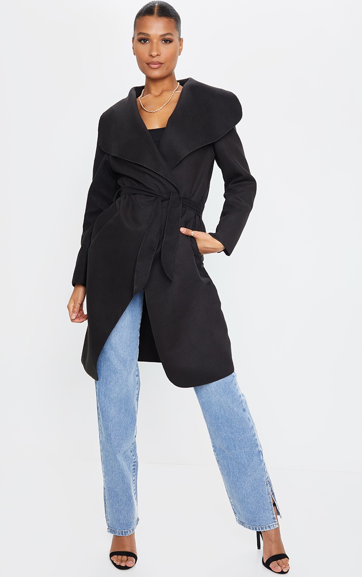 Veronica Black Oversized Waterfall Belt Coat