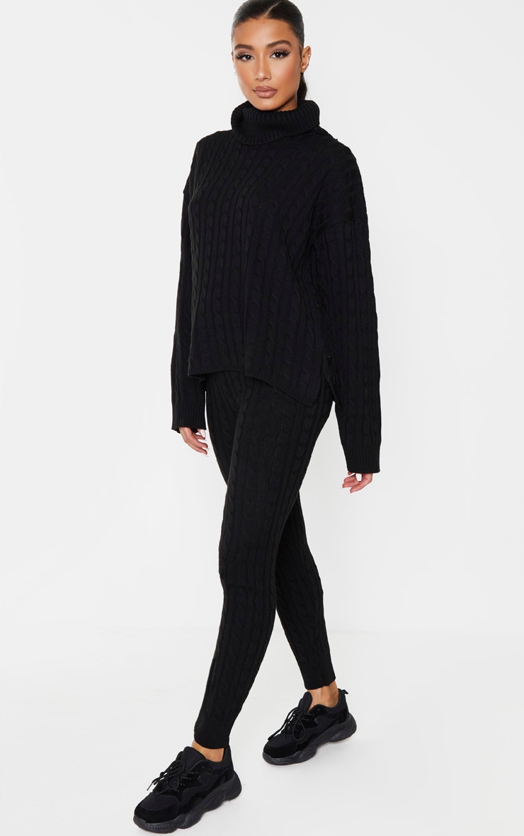 Black Cable Knit Roll Neck And Legging Set image 3