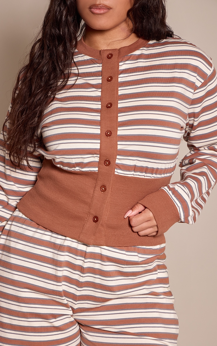 Shape Chocolate Striped Button Through Ribbed Hem Top image 4