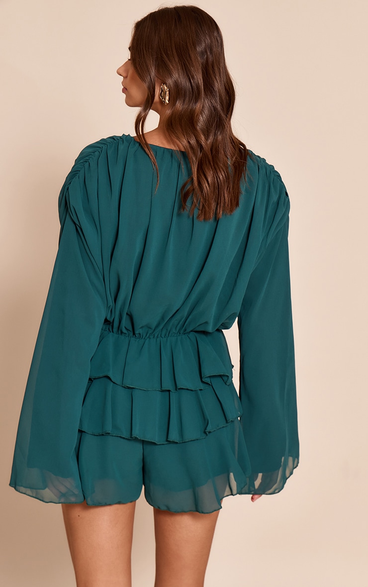 Teal Chiffon V Neck Frill Tiered Romper image 2