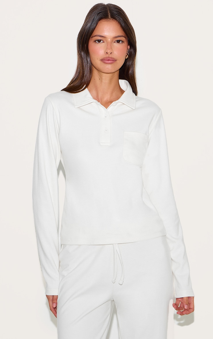 Cream Long Sleeved Super Soft V Neck Button Up Top image 1