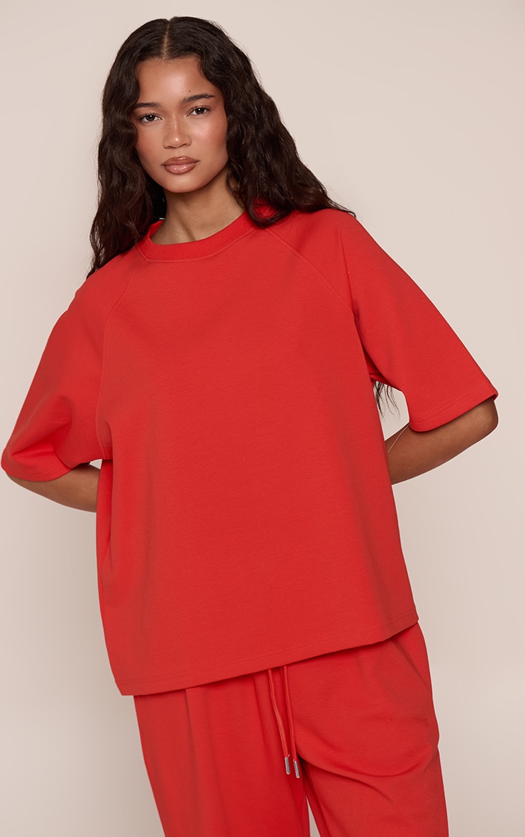 Red Embroidered Interlock Boxy Tee image 1