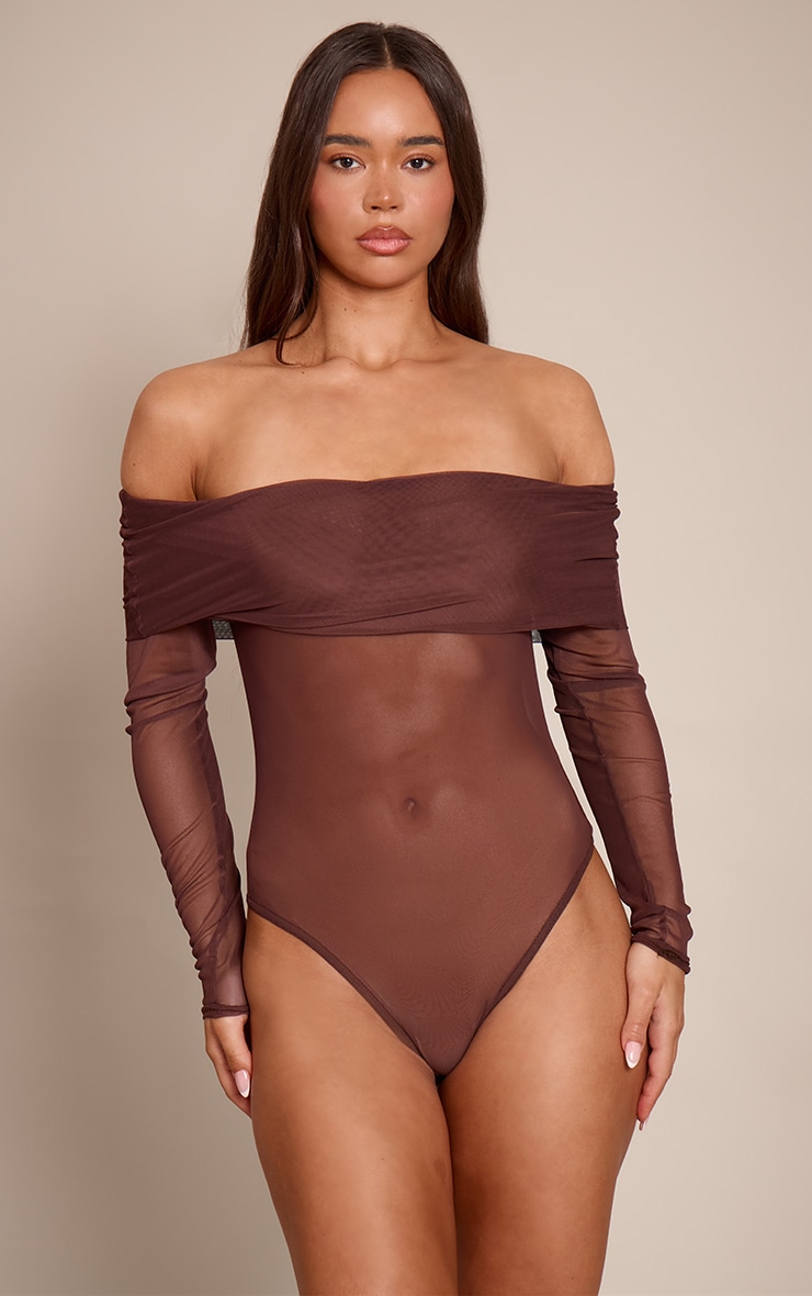 Dark Chocolate Mesh Fold Over Bardot Long Sleeve Bodysuit image 2