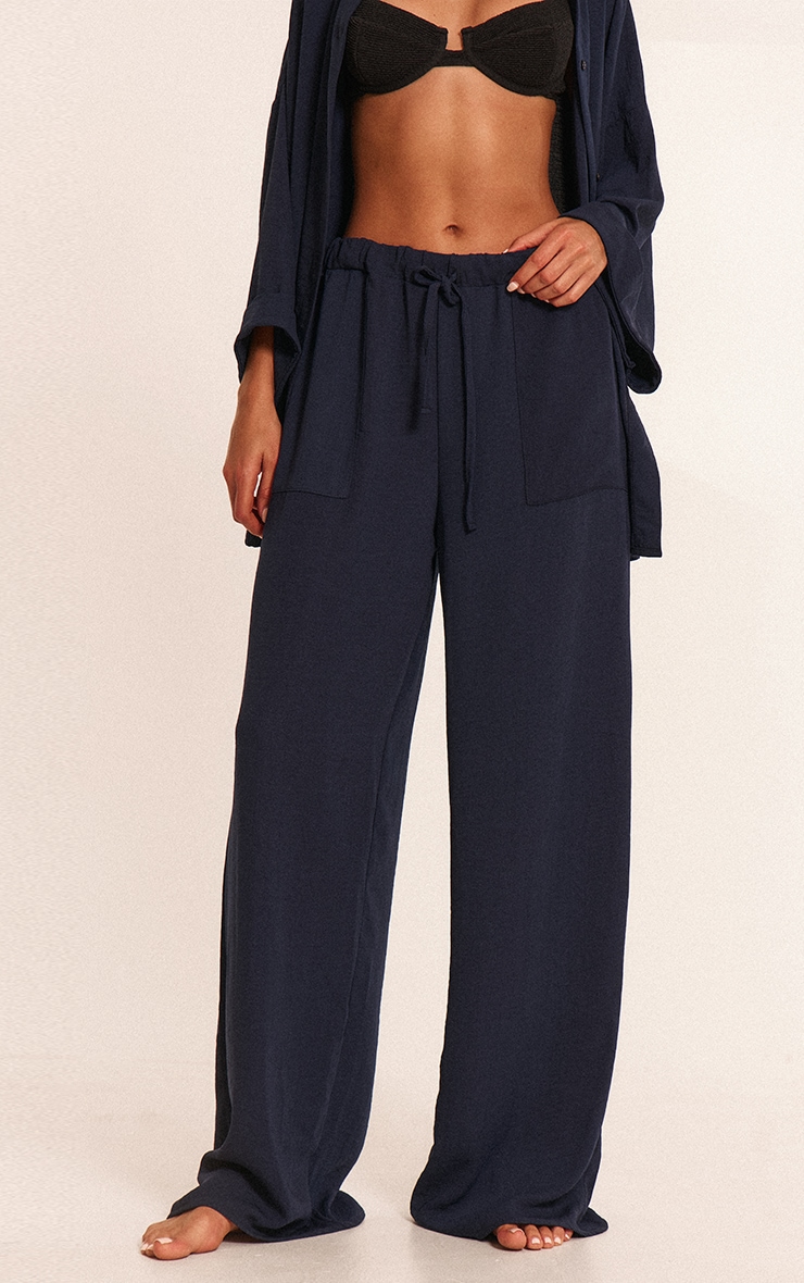 Navy Linen Look Drawstring Beach Pants image 2