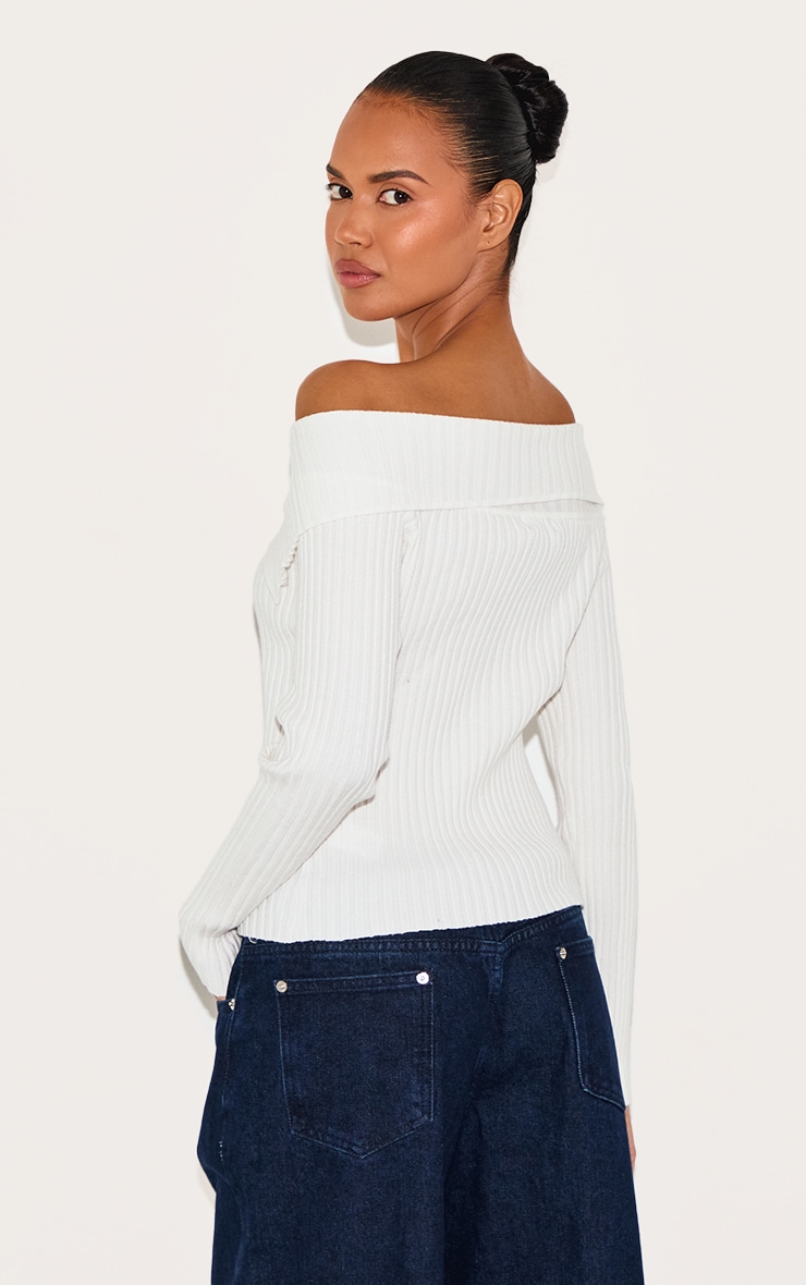 Top en maille tricot côtelée crème à boutons et détail replié image 2