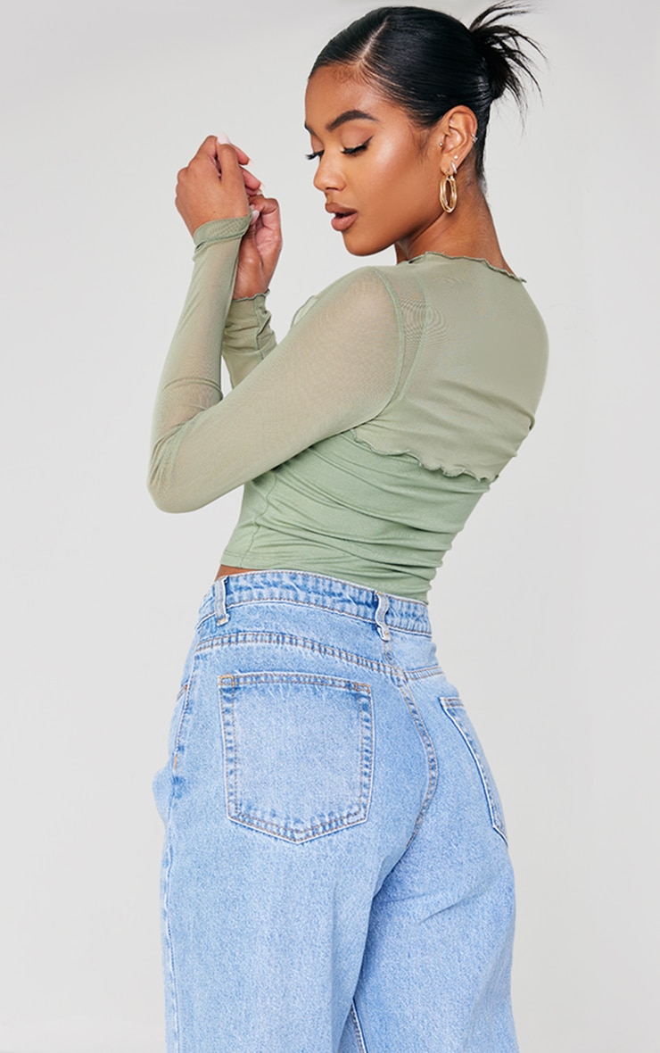 Khaki Mesh Overlavy Long Sleeve Crop Top image 2