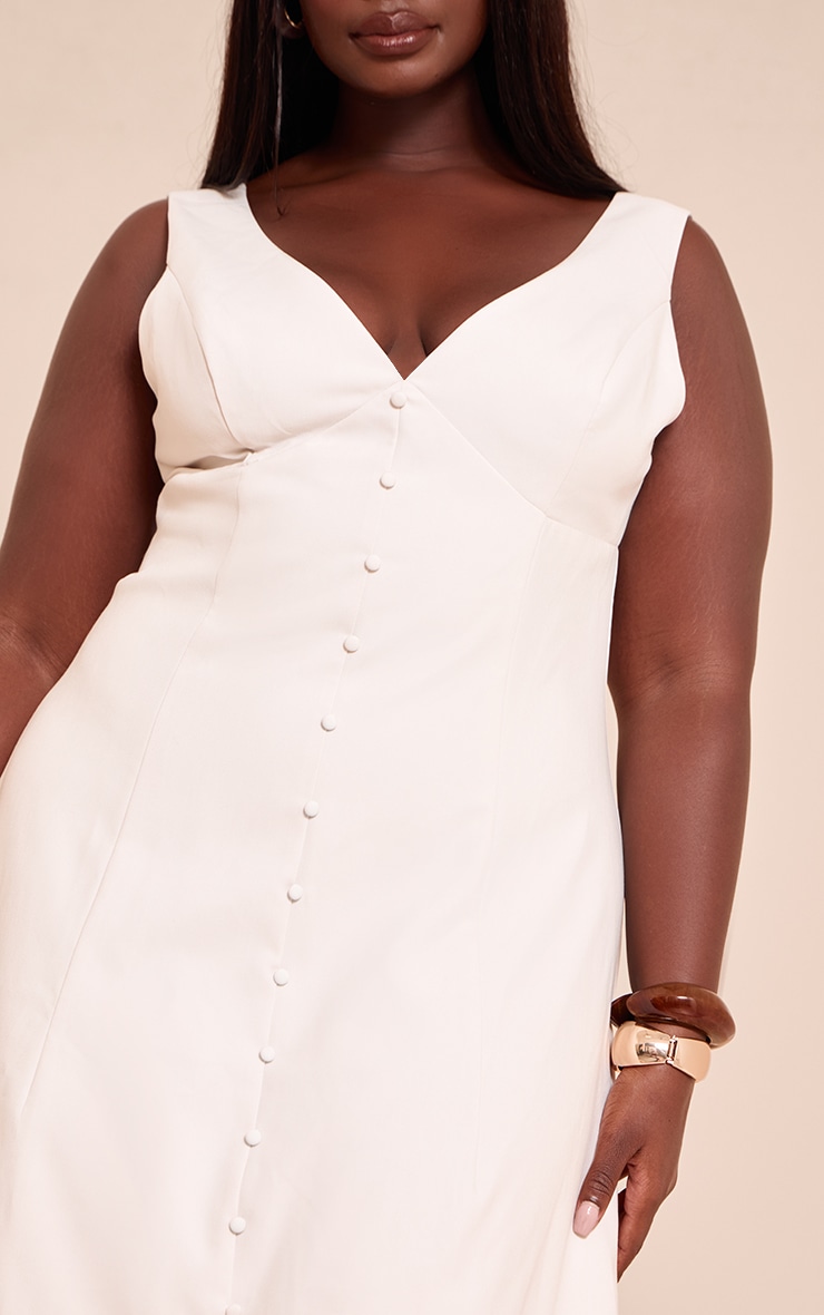 Plus Cream Tailored Woven Plunge Button Down Midi Dress image 4