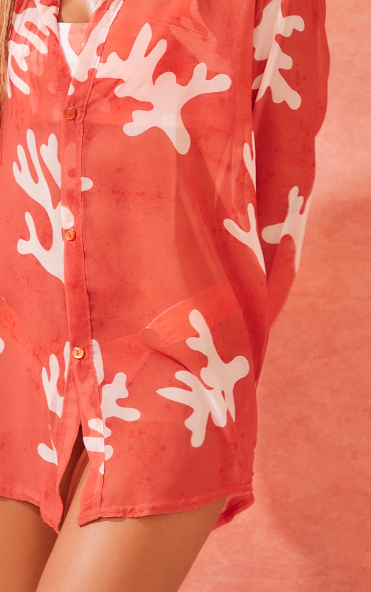 Coral Print Chiffon Oversized Beach Shirt image 4