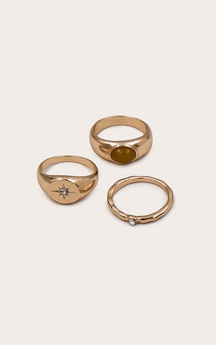 Gold Smooth Ring Multi-Pack With Crystal Detail image 2