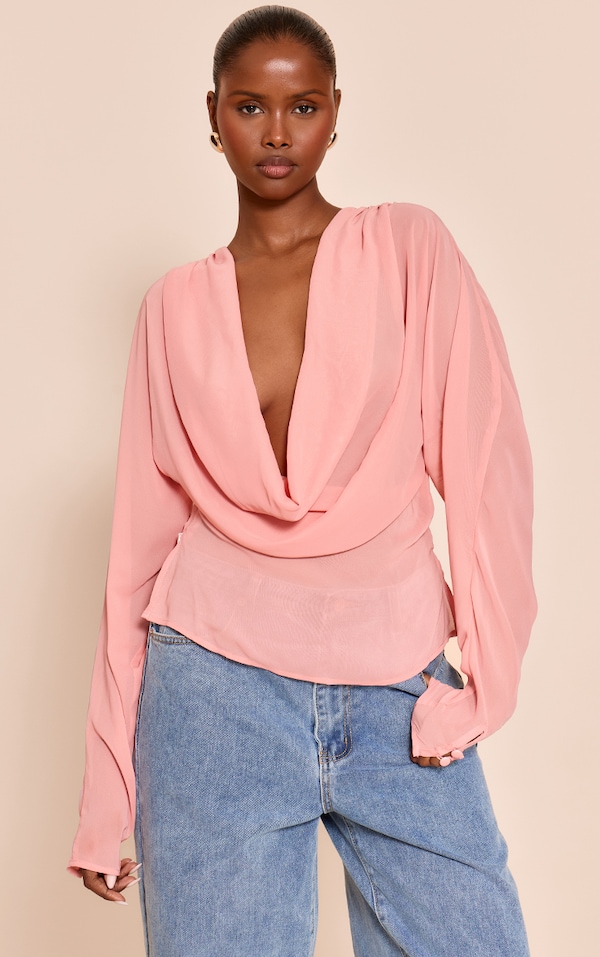 Peach Chiffon Cowl Neck Long Sleeve Blouse