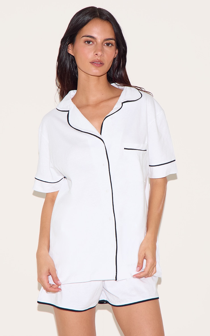 White Jersey Piping Detail Short PJ Set image 1