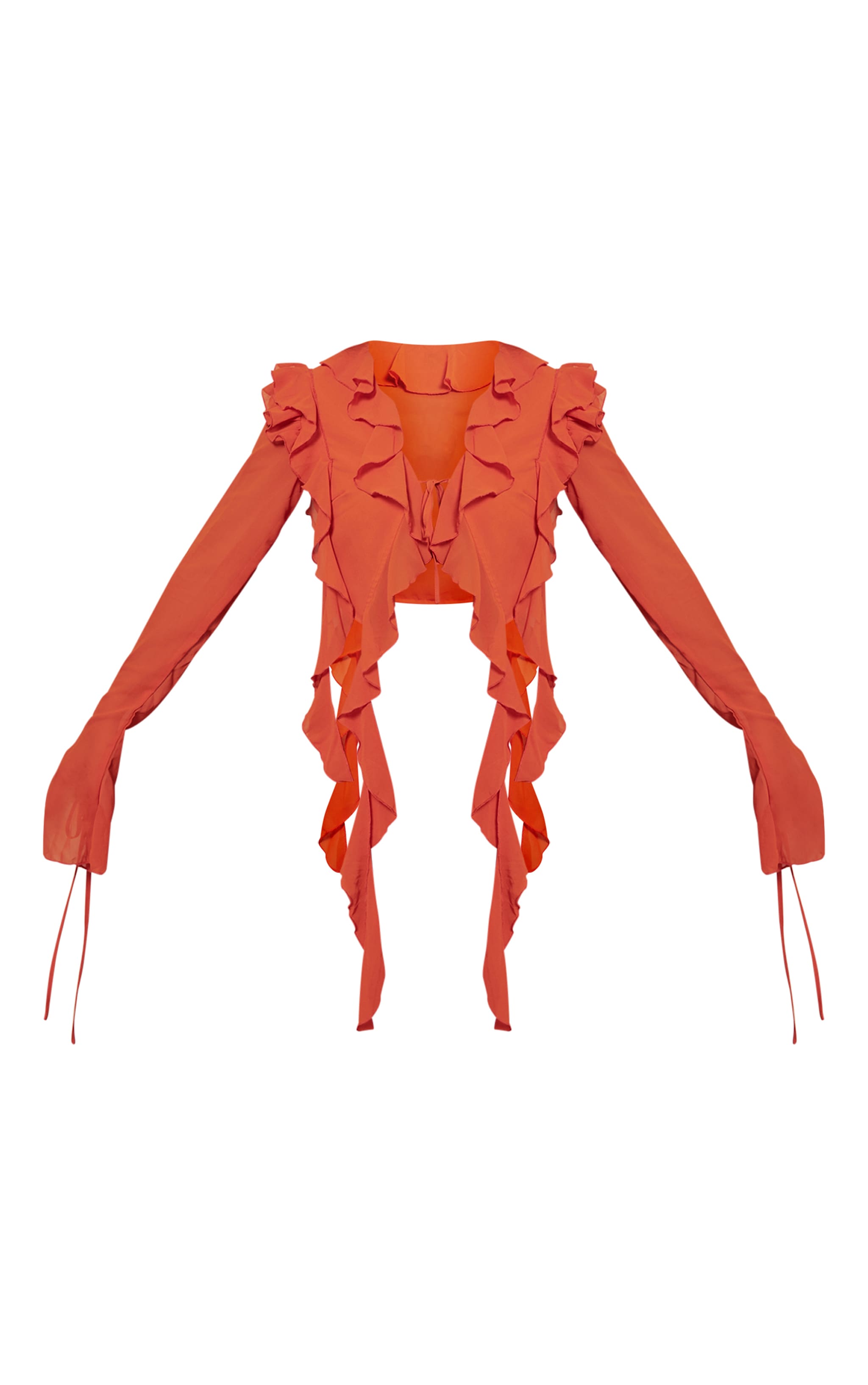 Orange Chiffon Frill Tie Split Sleeve Crop Top image 5