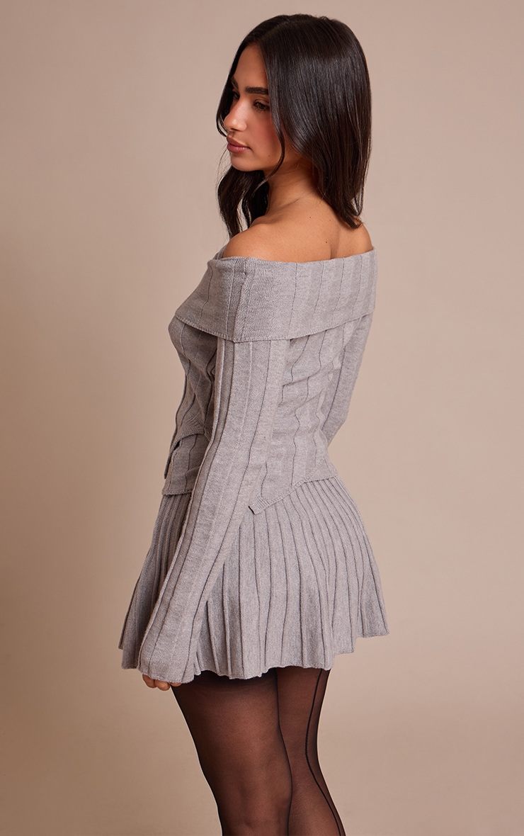 Petite Ash Grey Asymmetric Off Shoulder Knitted Top image 2