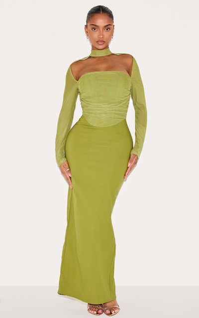 Shape Green Mesh Long Sleeve Ruched Corset Maxi Dress