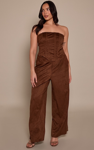 Plus Brown Faux Suede Tailored Pants