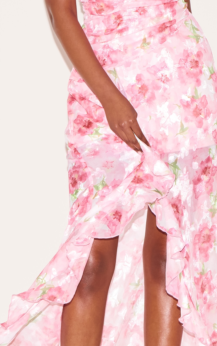 Pink Floral Chiffon Plunge Strappy Maxi Dress image 4