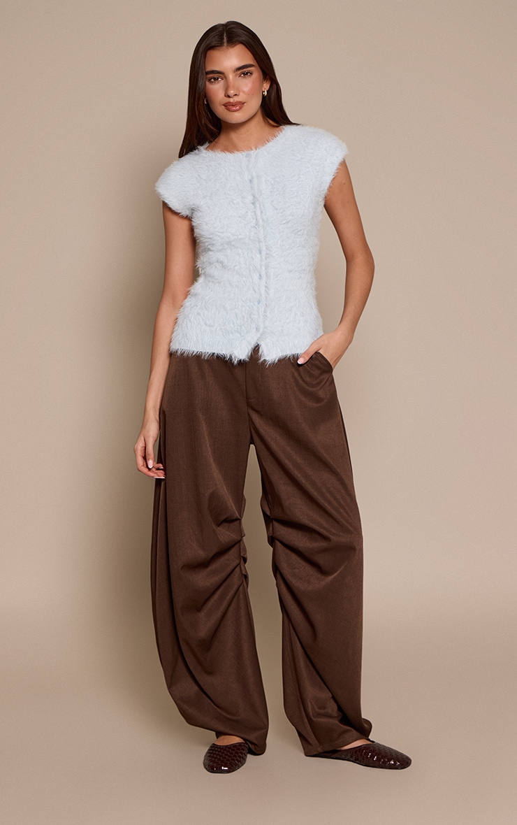 Powder Blue Fluffy Knit Cinched Waist Short Sleeved T Shirt  image 3