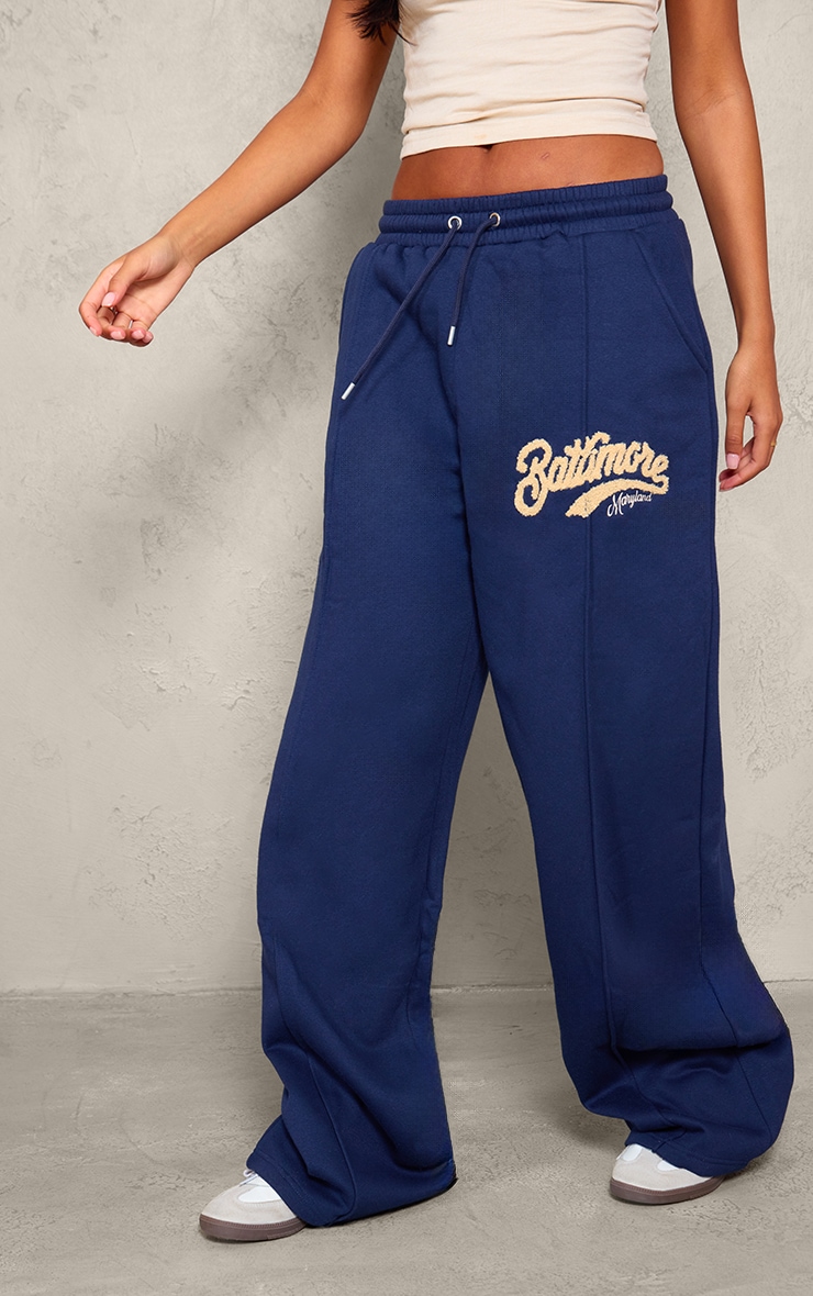 Tall Navy Baltimore Borg Applique Seam Detail Wide Leg Joggers image 2