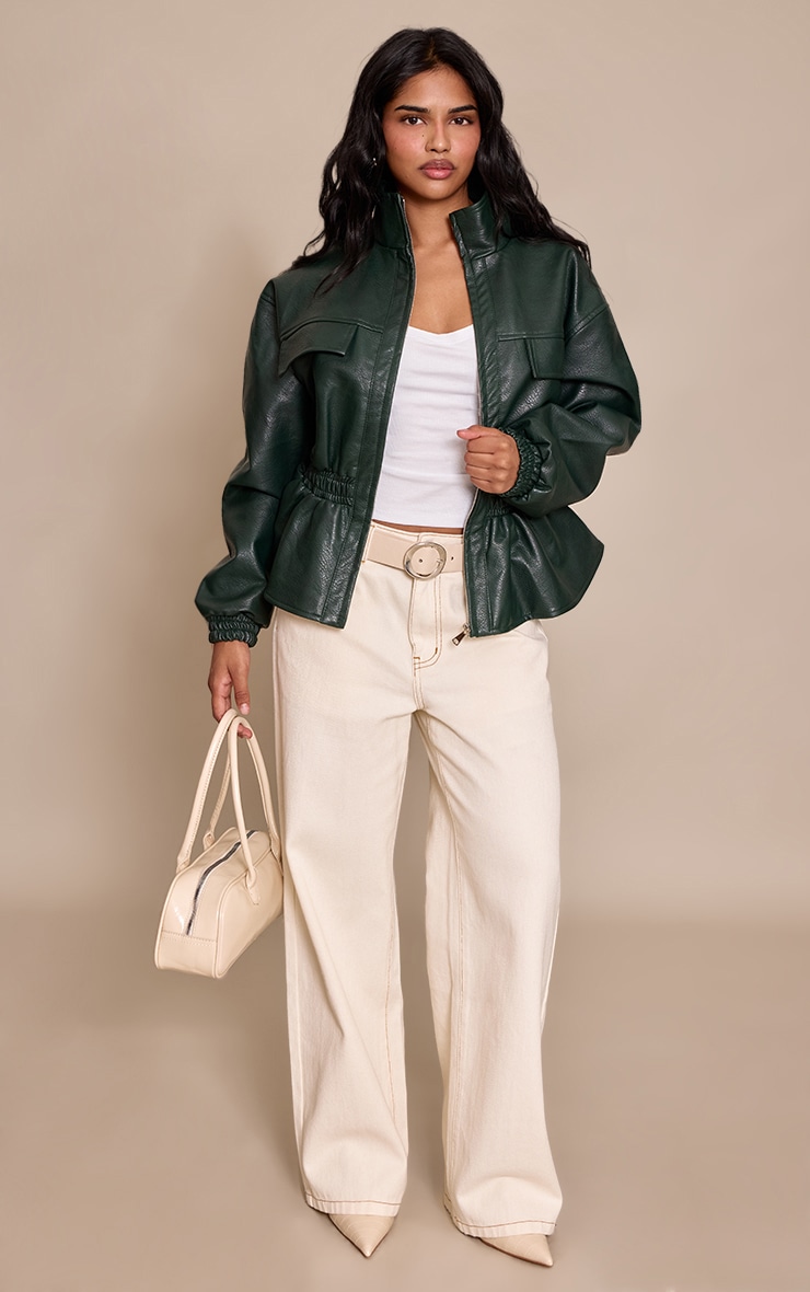 Petite Olive High Neck Cinched Waist Faux Leather Jacket image 3