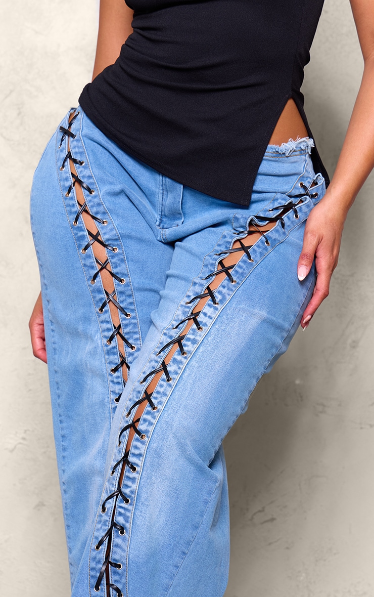 Shape Light Blue Denim Lace Up Front Raw Waist Wide Leg Jeans image 4