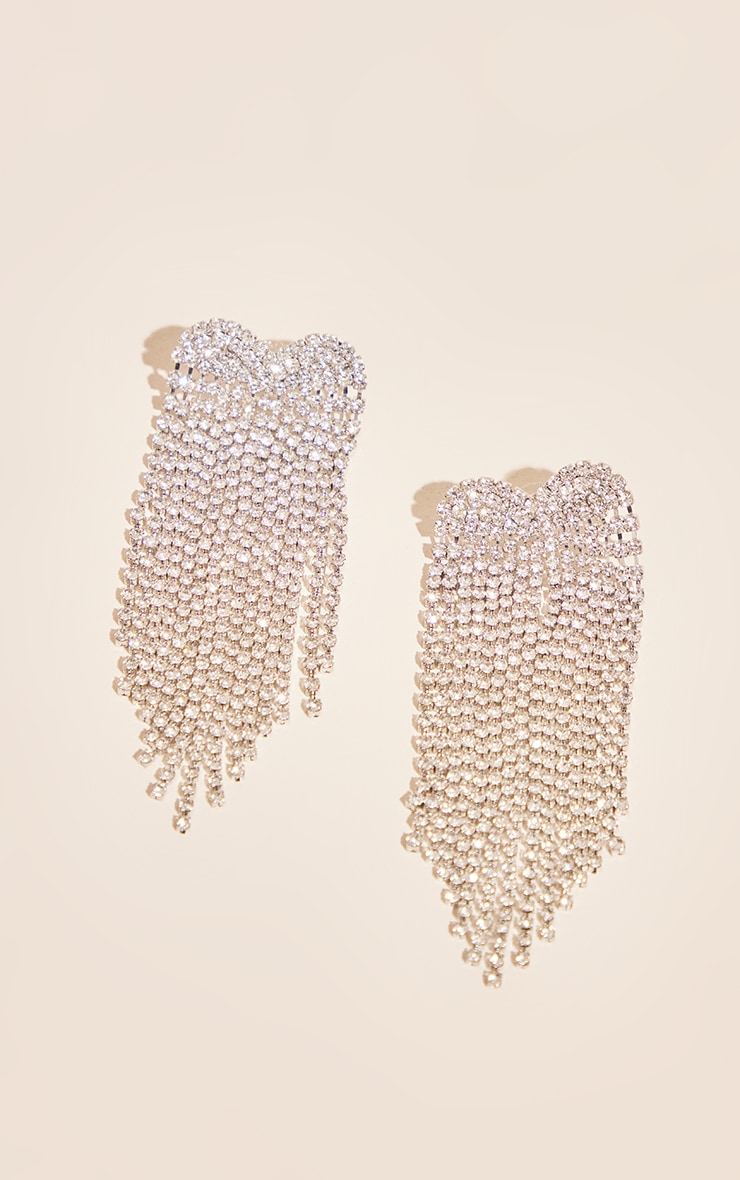 Clear Diamante Heart Tassel Statement Earrings image 2