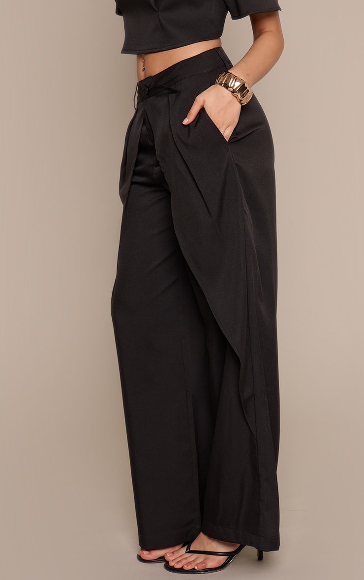 Black Woven Pleated Drape Panel Wide Leg Pants image 2