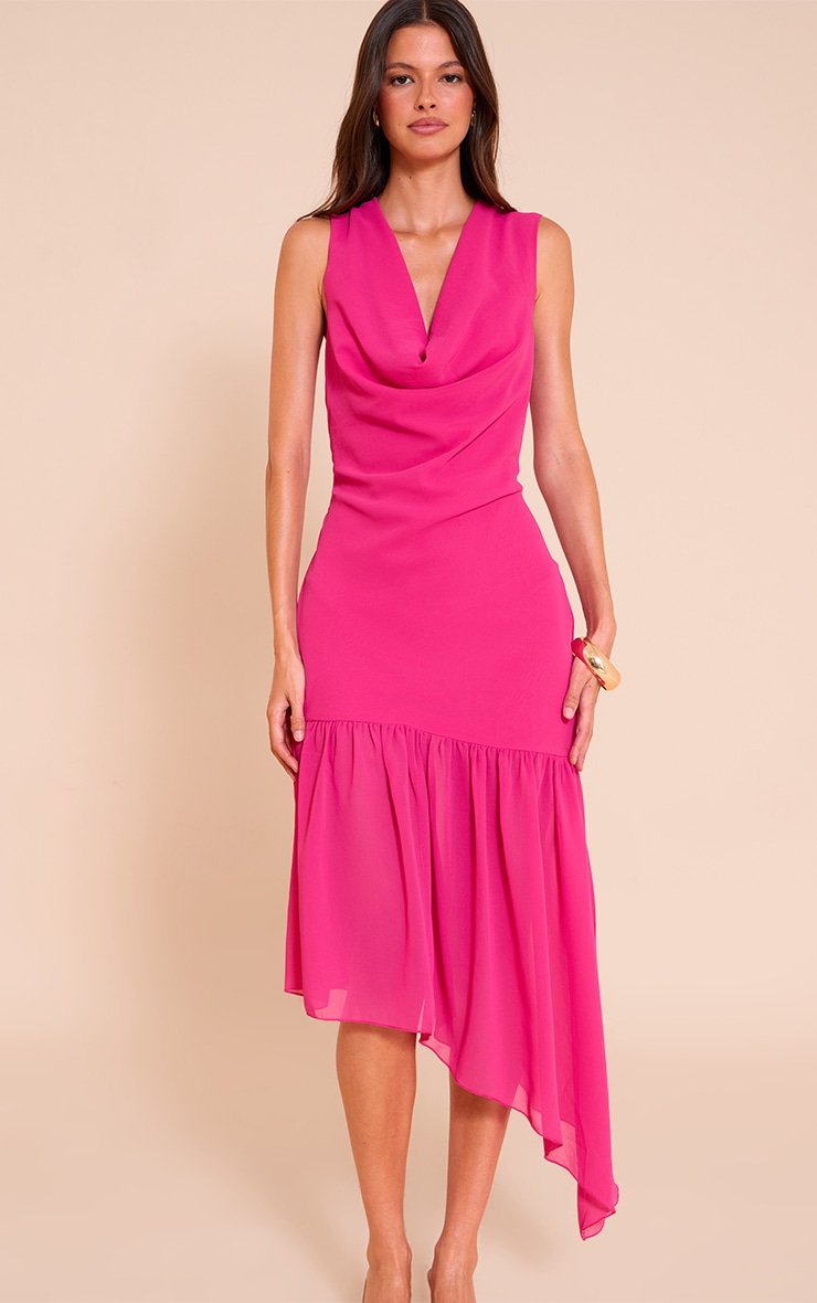 Fuschia Chiffon Drape Detail Asymmetric Midaxi Dress image 4