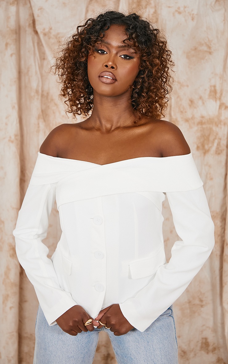 White Off The Shoulder Bardot Blazer | PrettyLittleThing