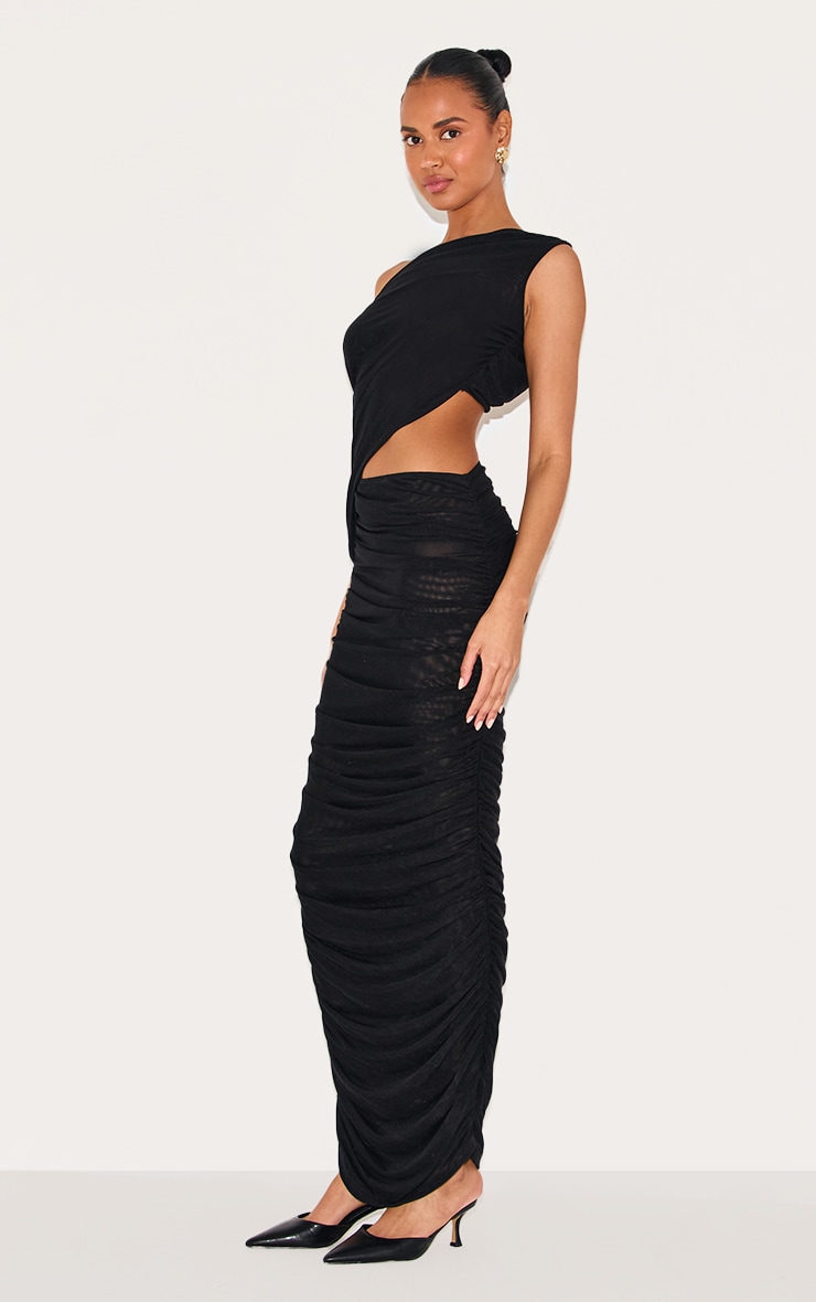 Black One Shoulder Ruched Maxi Dress image 3