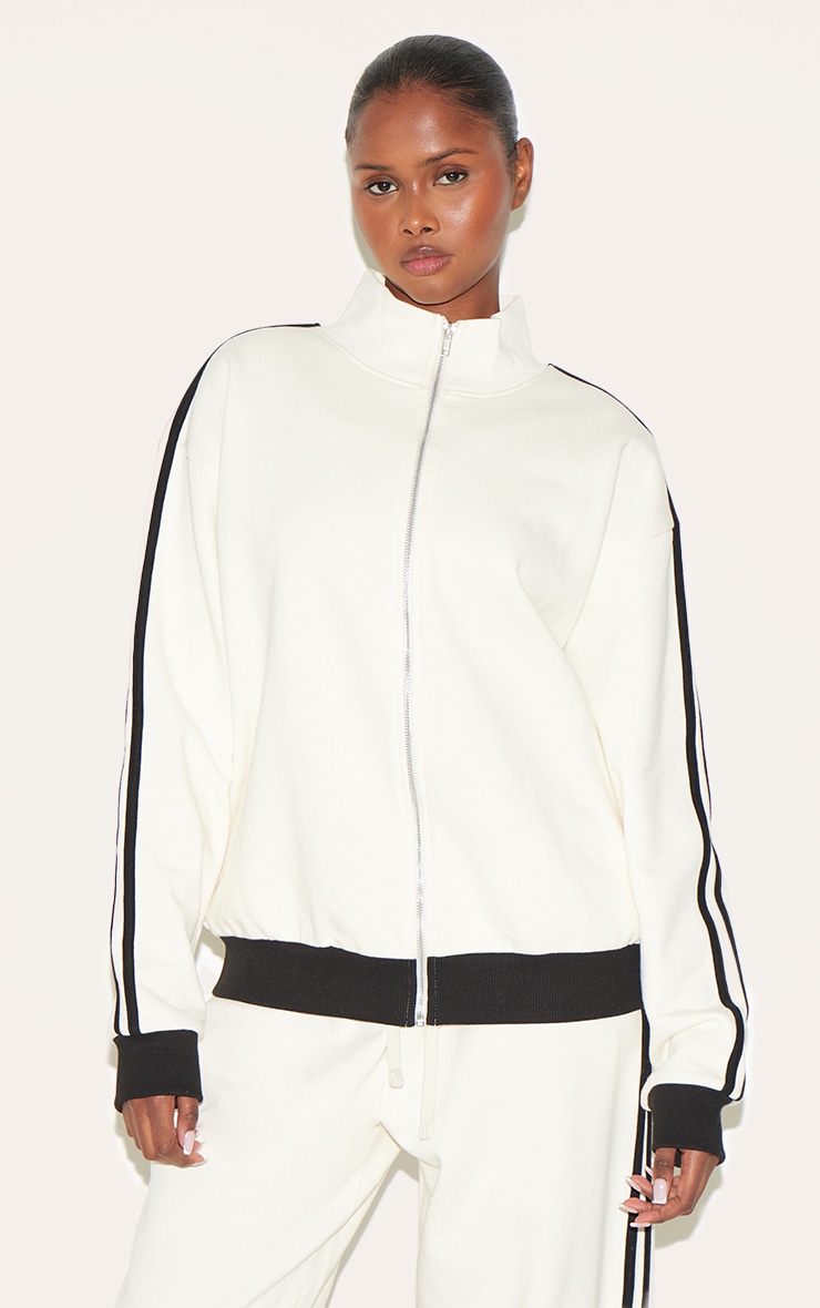 Cream Premium Side Stripe Contrast Zip Through Sweatshirt image 1