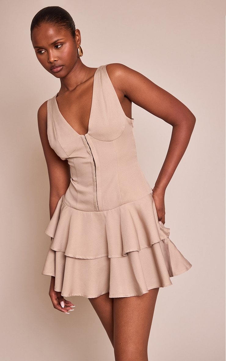 Mushroom Woven Corset Detail Tiered Mini Dress image 1