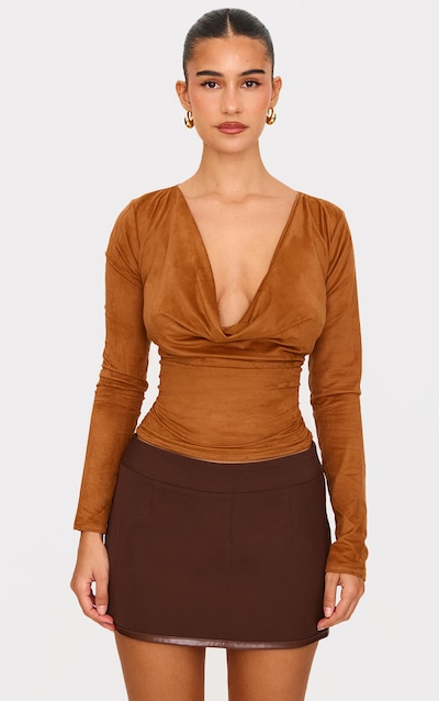 Tan Faux Suede Cowl Neck Long Sleeve Top