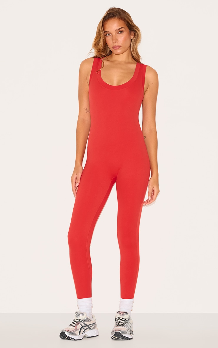 Red Sculpt Contrast Binding Unitard image 1