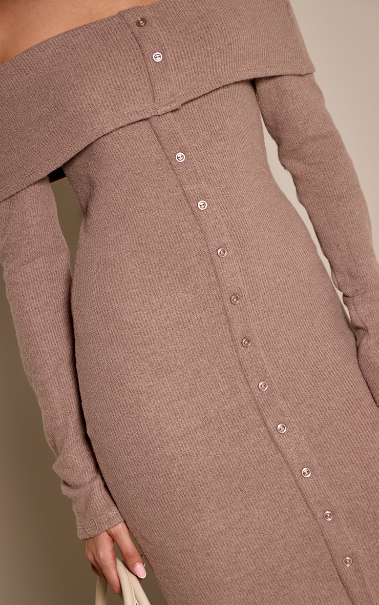 Taupe Ribbed Bardot Button Down Maxi Dress image 4