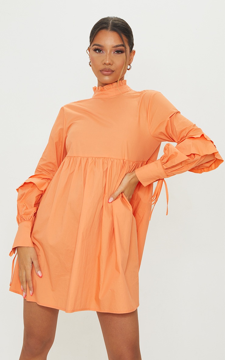 Orange Frill Sleeve Tie Detail Smock Dress