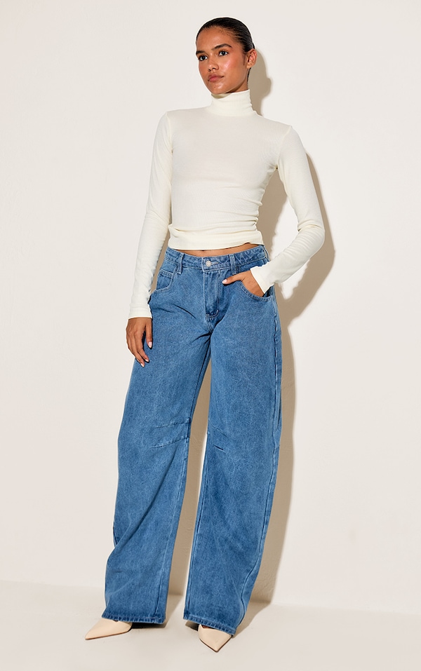 Mid Blue Wash Seam Detail Barrel Jean