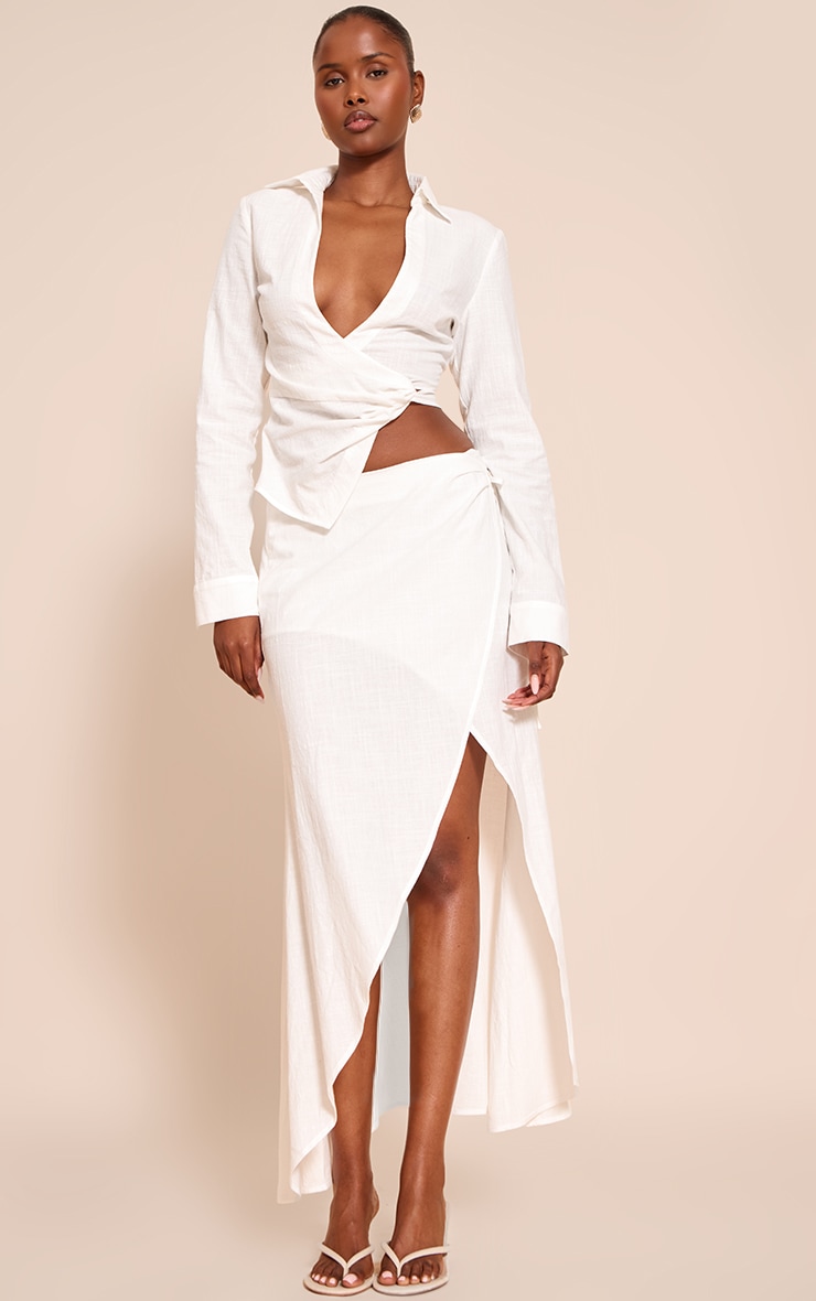 White Linen Look Twist Plunge Shirt image 3