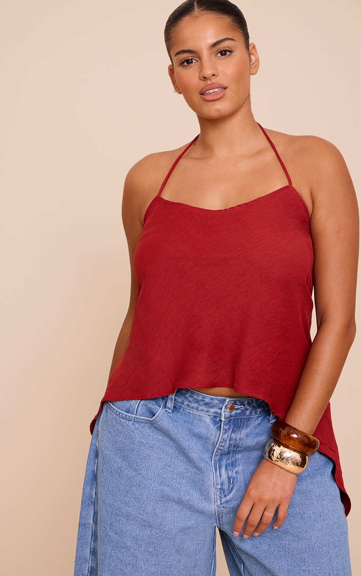 Plus Deep Red Floaty Woven Split Hem Spaghetti Strap Top image 1