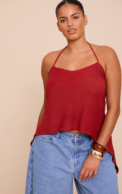 Plus Deep Red Floaty Woven Split Hem Spaghetti Strap Top