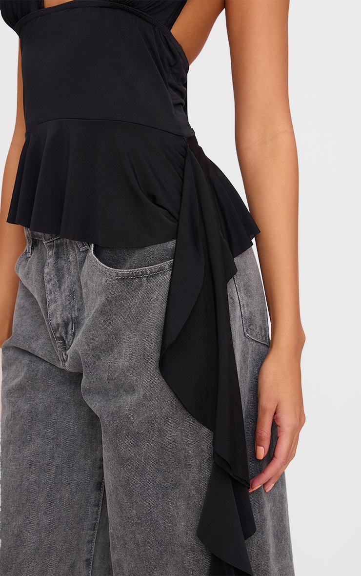 Black Slinky Ruffle Detail Halterneck Long Top image 4
