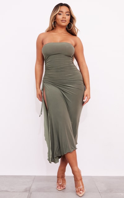 Shape Olive Slinky Bandeau Ruched Side Hem Midaxi Dress