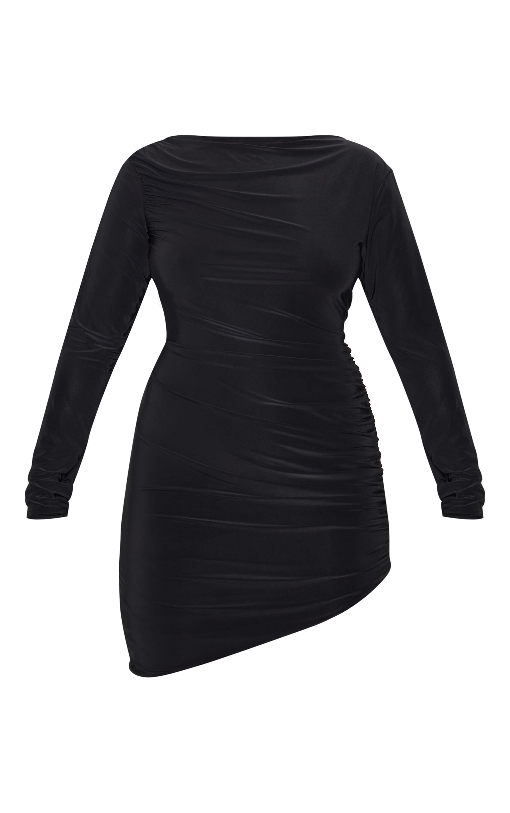 Plus Black Double Layer Slinky Ruched Long Sleeve Mini Dress image 5