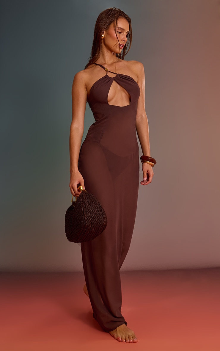 Chocolate Chiffon Bead Trim Cut Out Maxi Beach Dress image 3